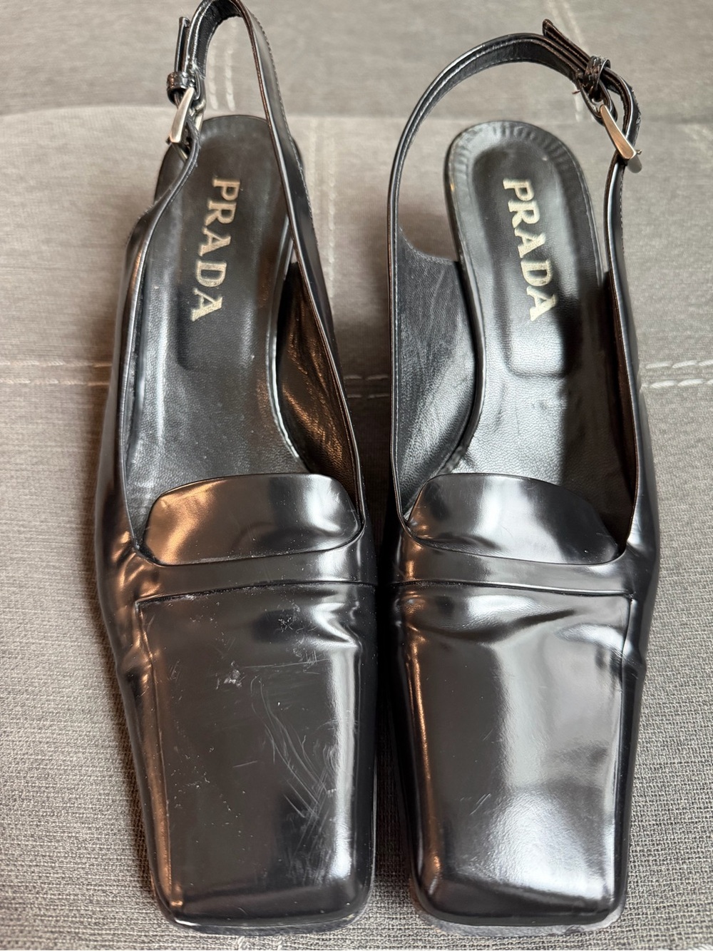 Prada Black Leather Square-Toe Slingback Mules